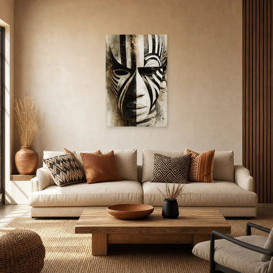 Tableau Masque Africain Noir Blanc Graphique dans un salon - Art Virtuoso