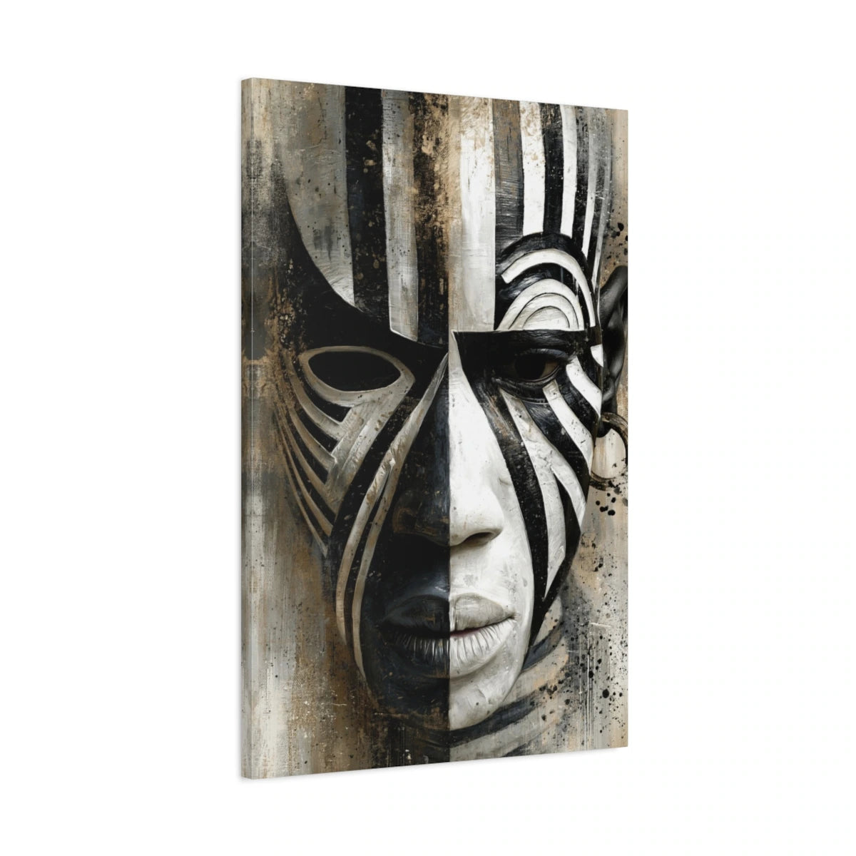 Tableau Masque Africain Noir Blanc Graphique - toile 3D avec bords imprimés - Art Virtuoso