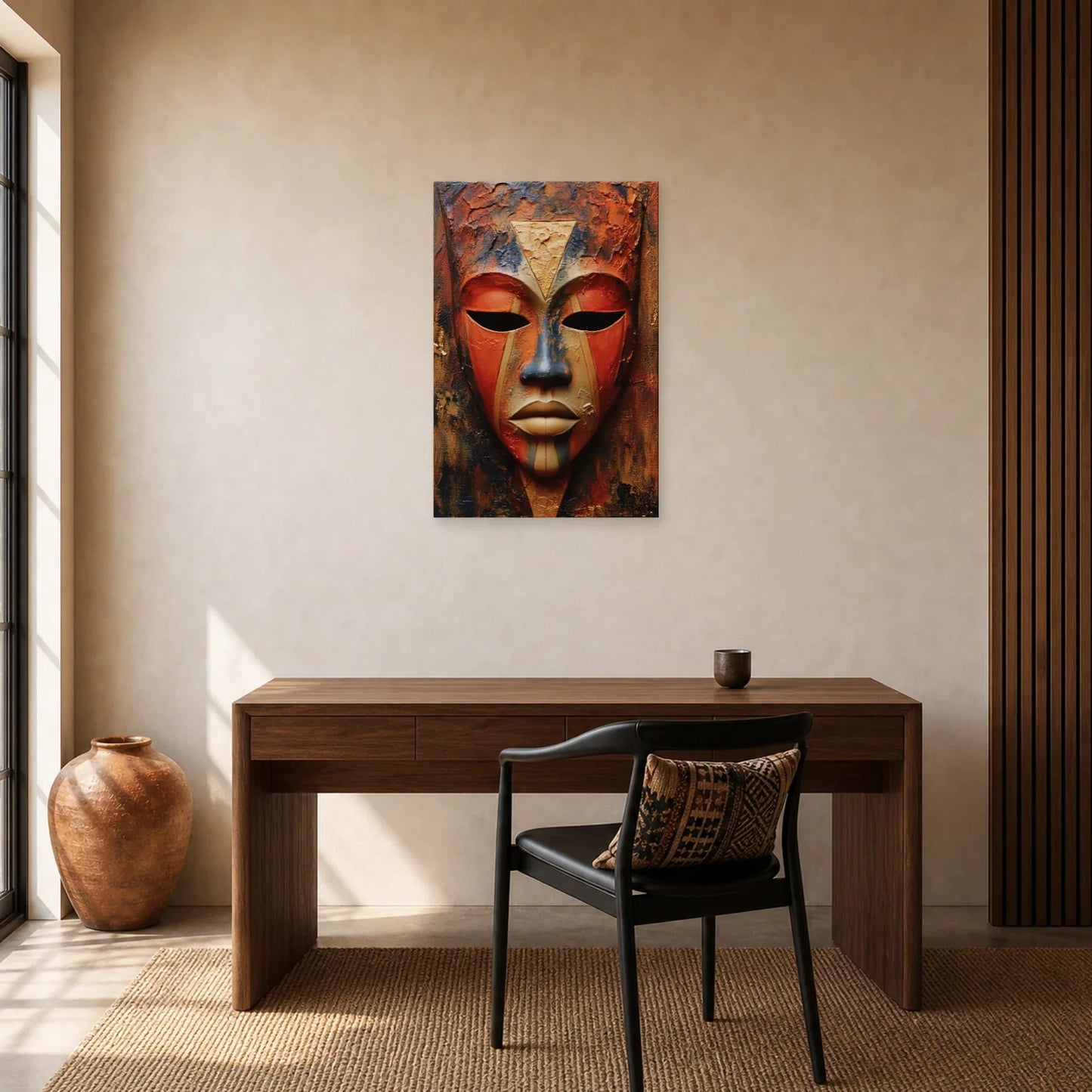 Tableau Masque Africain Terracotta dans un bureau - Art Virtuoso