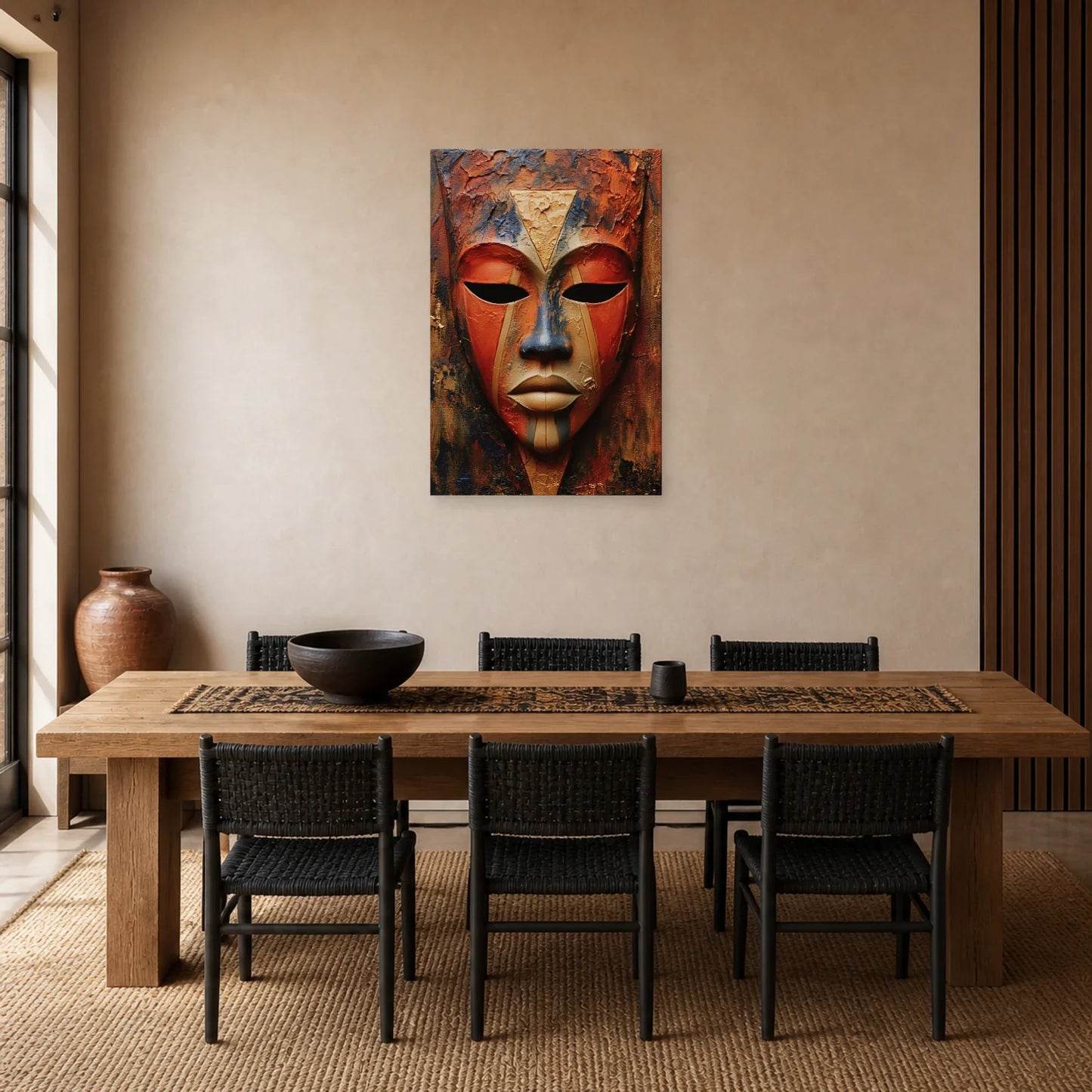 Tableau Masque Africain Terracotta dans une salle à manger - Art Virtuoso