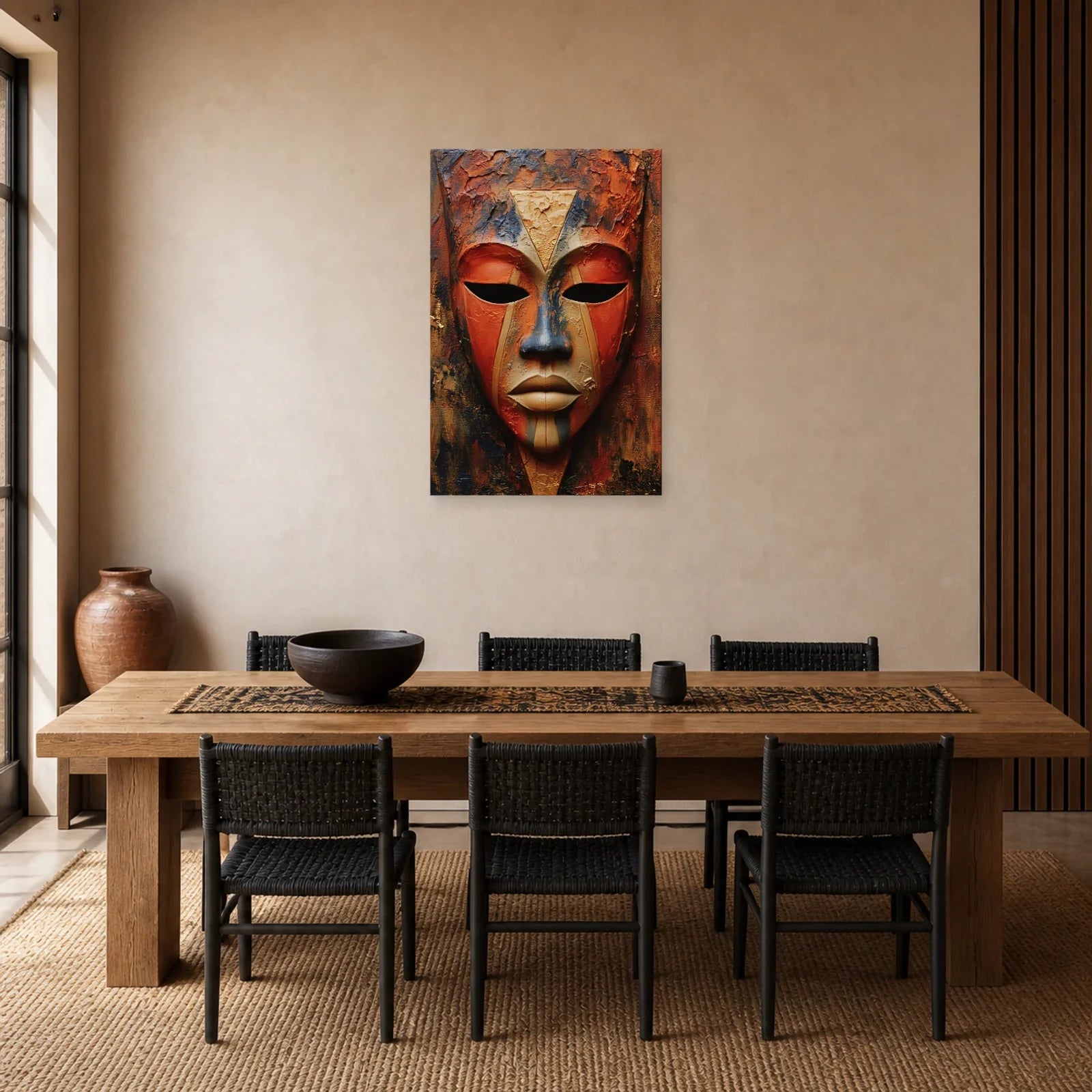 Tableau Masque Africain Terracotta dans une salle à manger - Art Virtuoso
