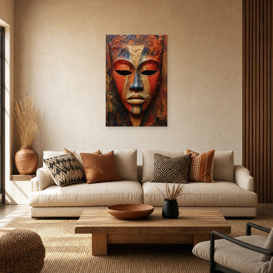 Tableau Masque Africain Terracotta - Silence de Terre dans un salon - Art Virtuoso