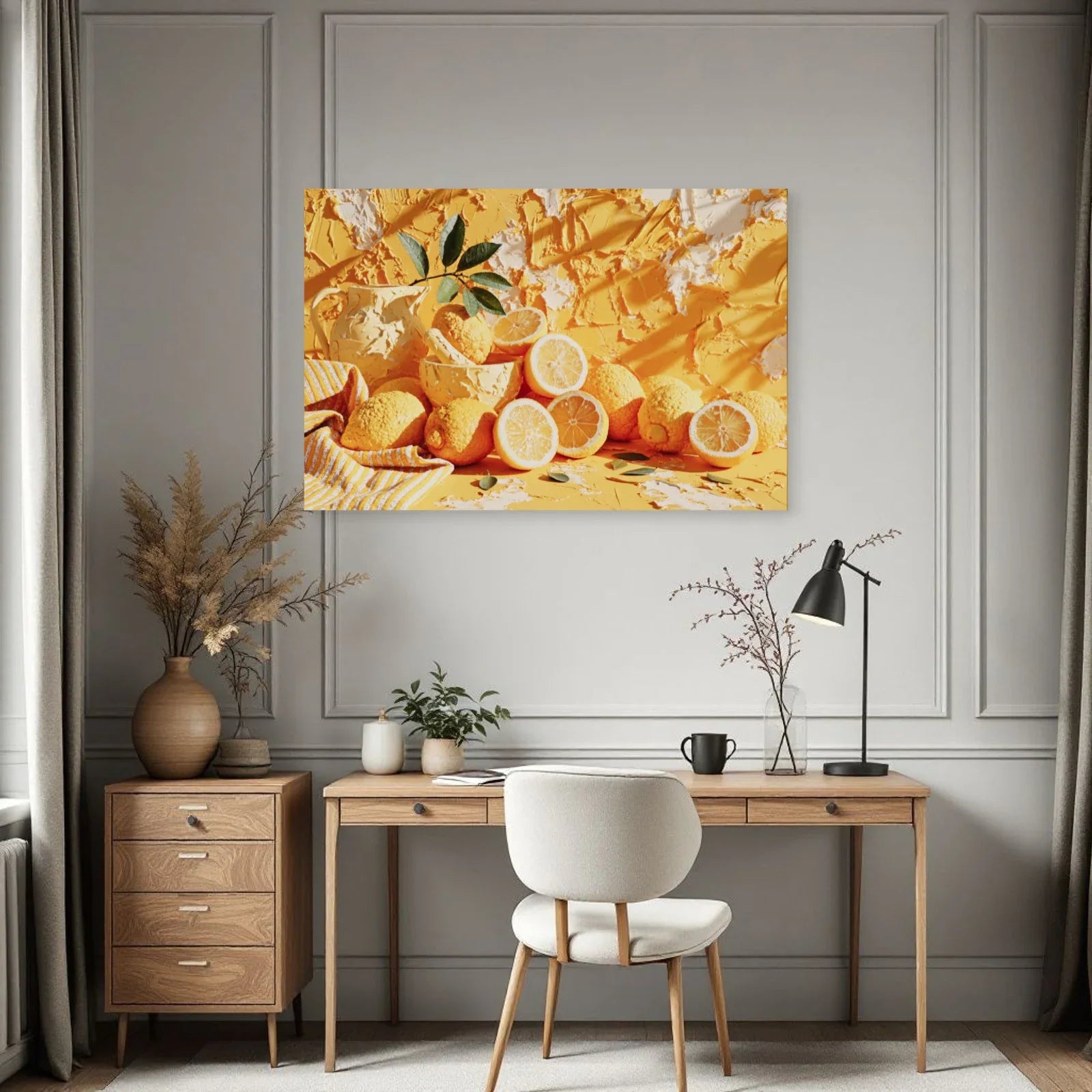 Scène horizontale de citrons et céramiques installée dans un bureau clair par Art Virtuoso