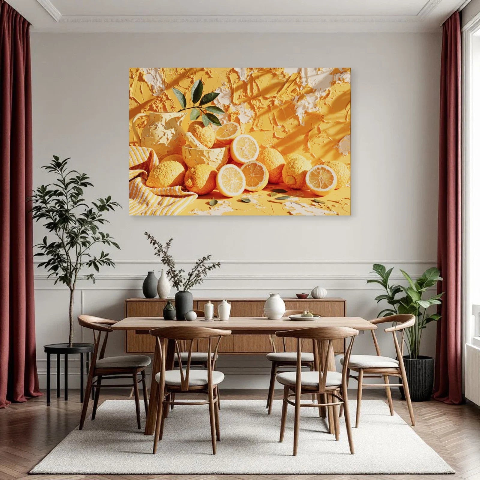 Tableau horizontal aux citrons, pichet et mortier installé en cuisine par Art Virtuoso