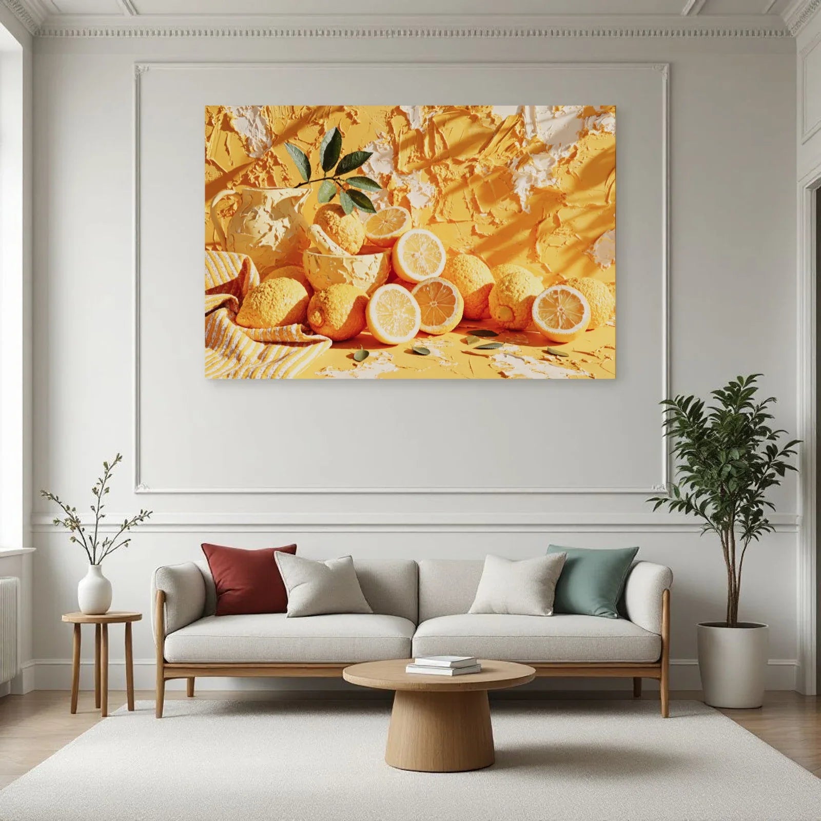 Tableau panoramique aux citrons jaunes présenté dans un salon méditerranéen par Art Virtuoso