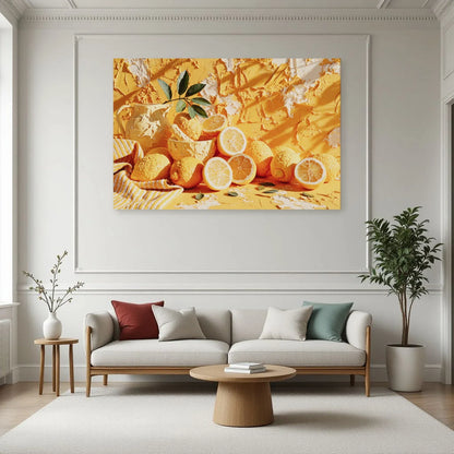 Tableau panoramique aux citrons jaunes présenté dans un salon méditerranéen par Art Virtuoso