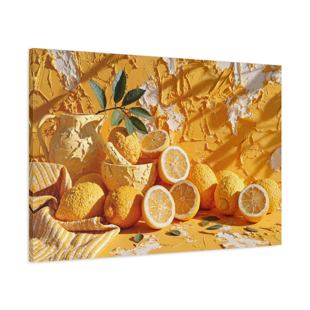 Tableau Méditerranéen Citrons Jaunes - Table au Soleil - toile 3D avec bords imprimés - Art Virtuoso