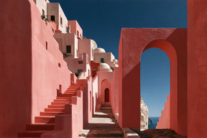 Tableau Méditerranéen Rose, une façade méditerranéenne rose baignée de soleil, rythmée par des ombres franches, format L - Art Virtuoso