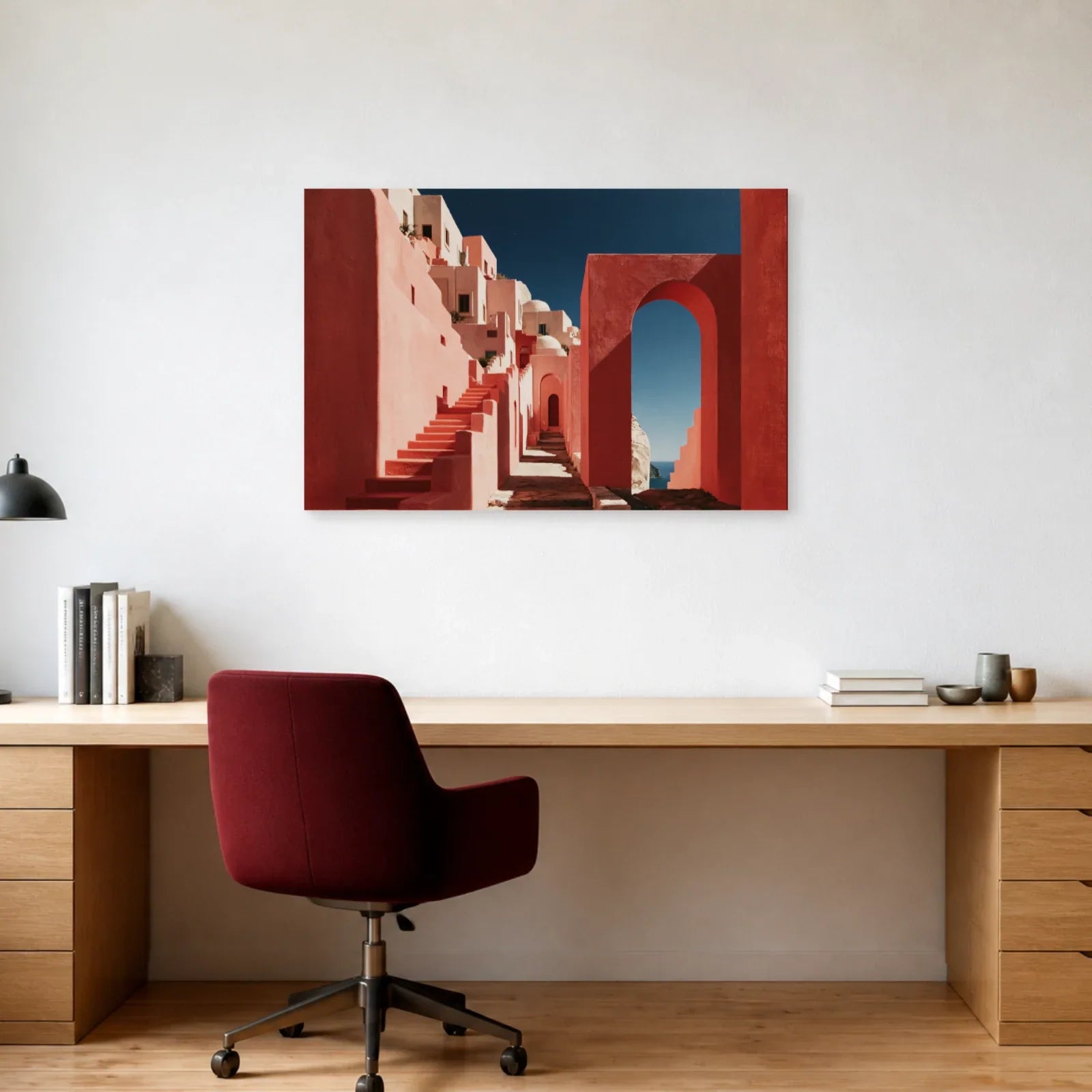 Tableau Méditerranéen Rose présenté dans un bureau - Art Virtuoso
