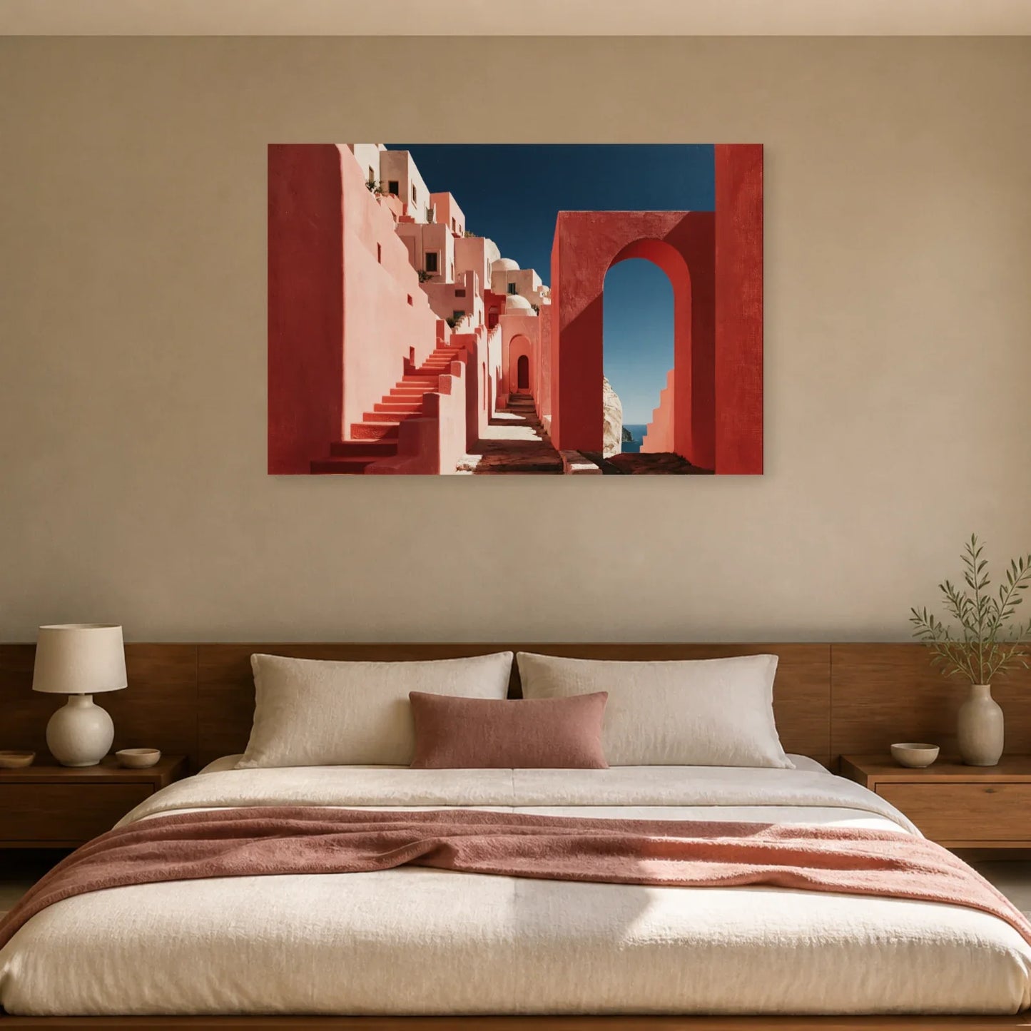 Tableau Méditerranéen Rose présenté dans une chambre - Art Virtuoso