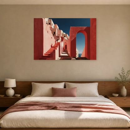 Tableau Méditerranéen Rose présenté dans une chambre - Art Virtuoso