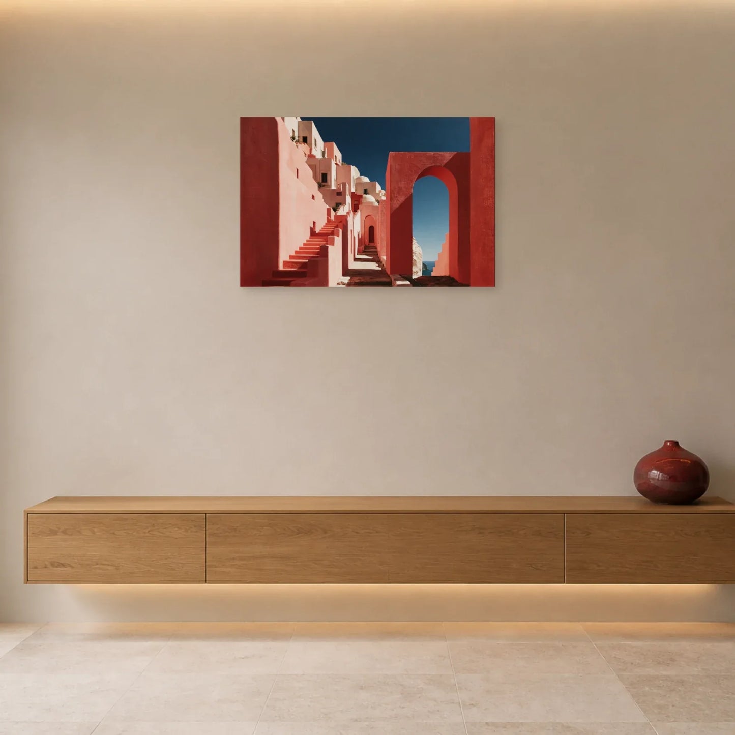 Tableau Méditerranéen Rose présenté dans une entrée - Art Virtuoso