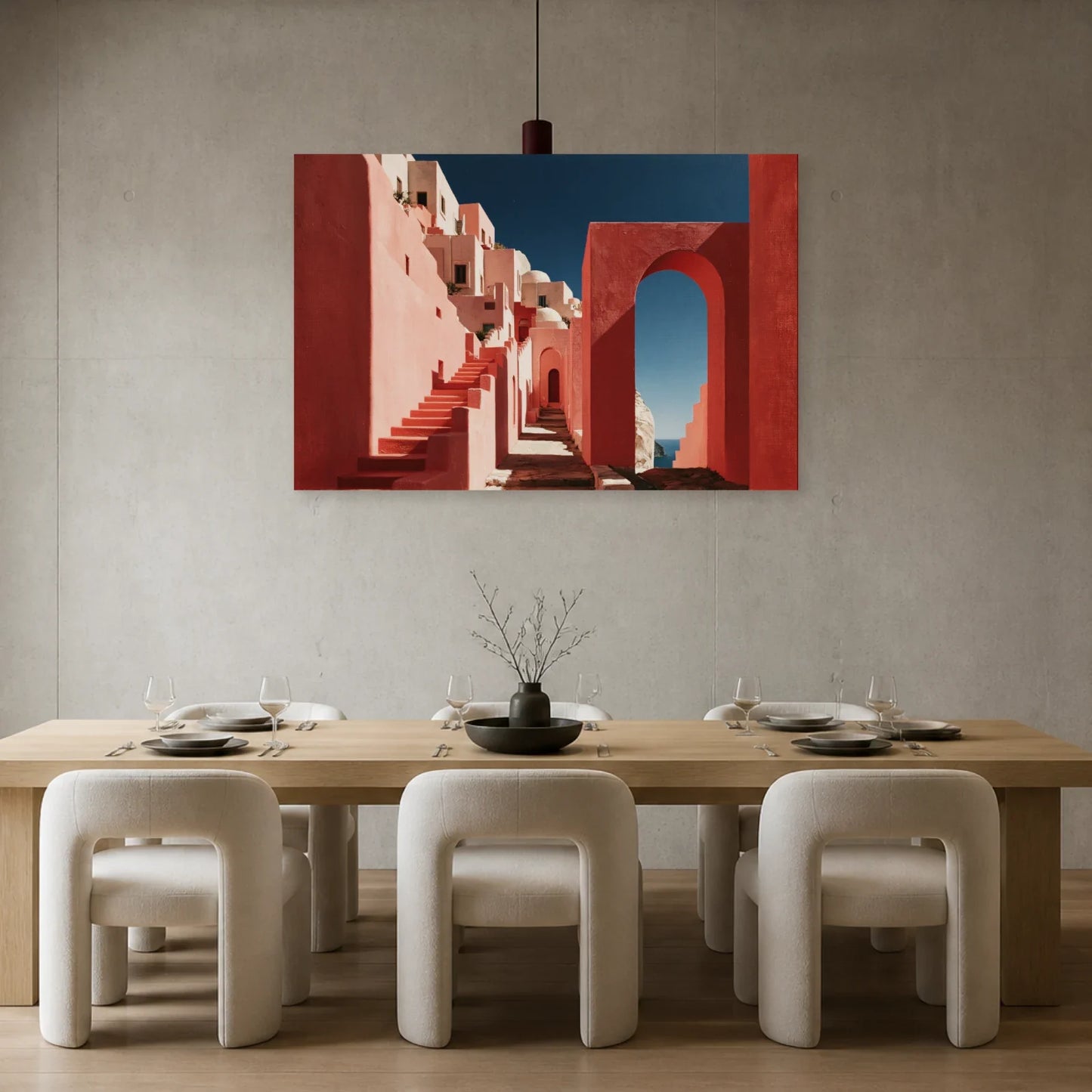 Tableau Méditerranéen Rose présenté dans une salle à manger - Art Virtuoso