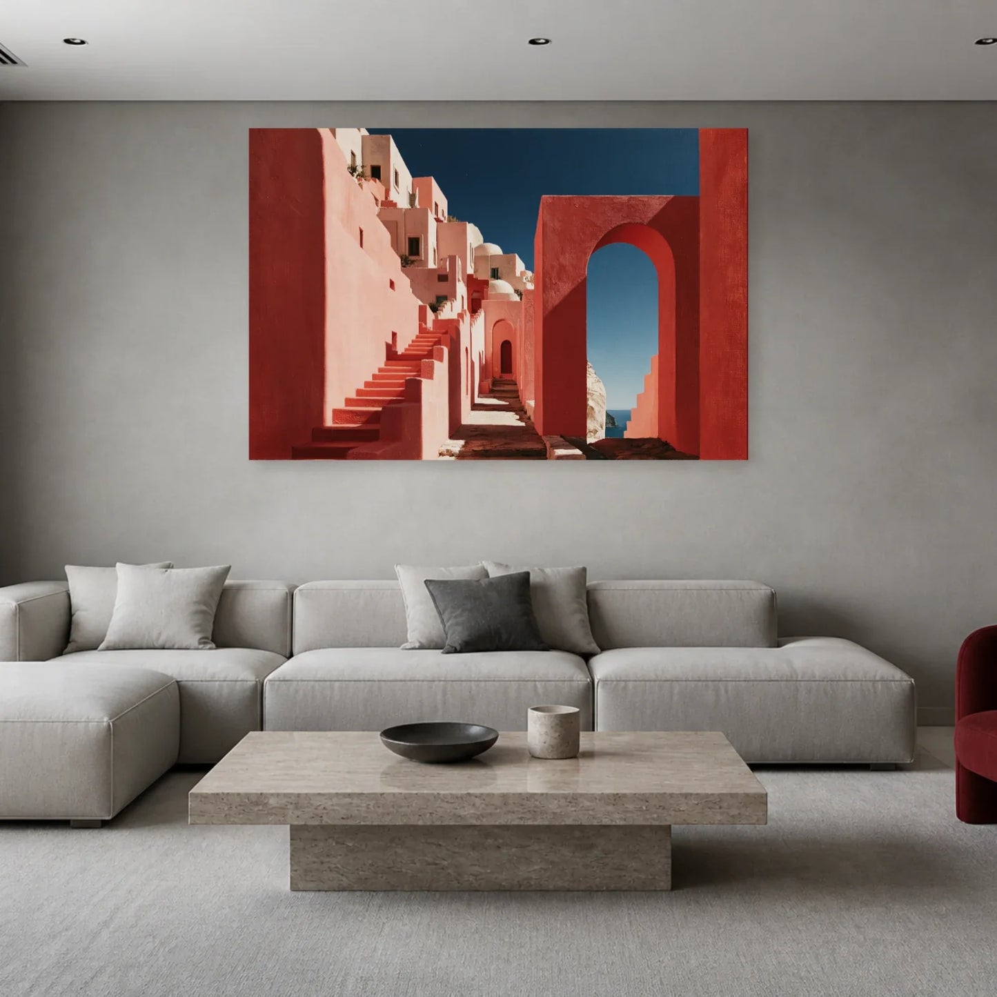Tableau Méditerranéen Rose présenté dans un salon - Art Virtuoso
