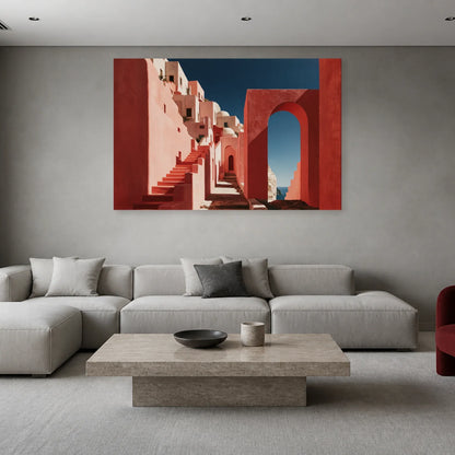 Tableau Méditerranéen Rose présenté dans un salon - Art Virtuoso