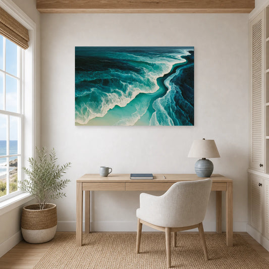 Tableau Mer Abstrait Turquoise Ecume dans un bureau - Art Virtuoso