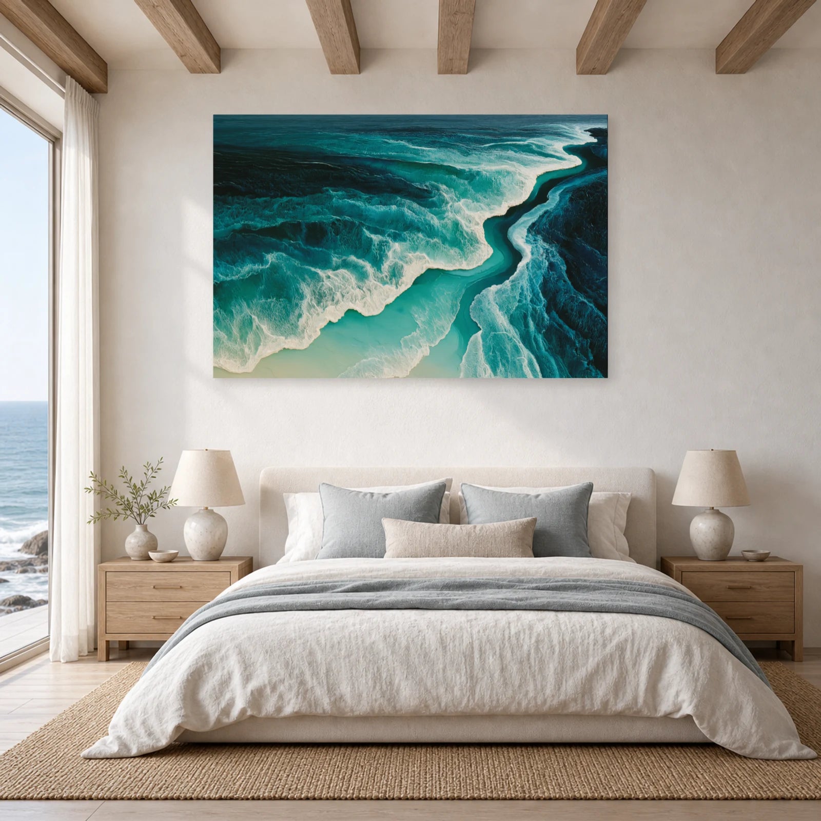 Tableau Mer Abstrait Turquoise Ecume dans une chambre - Art Virtuoso