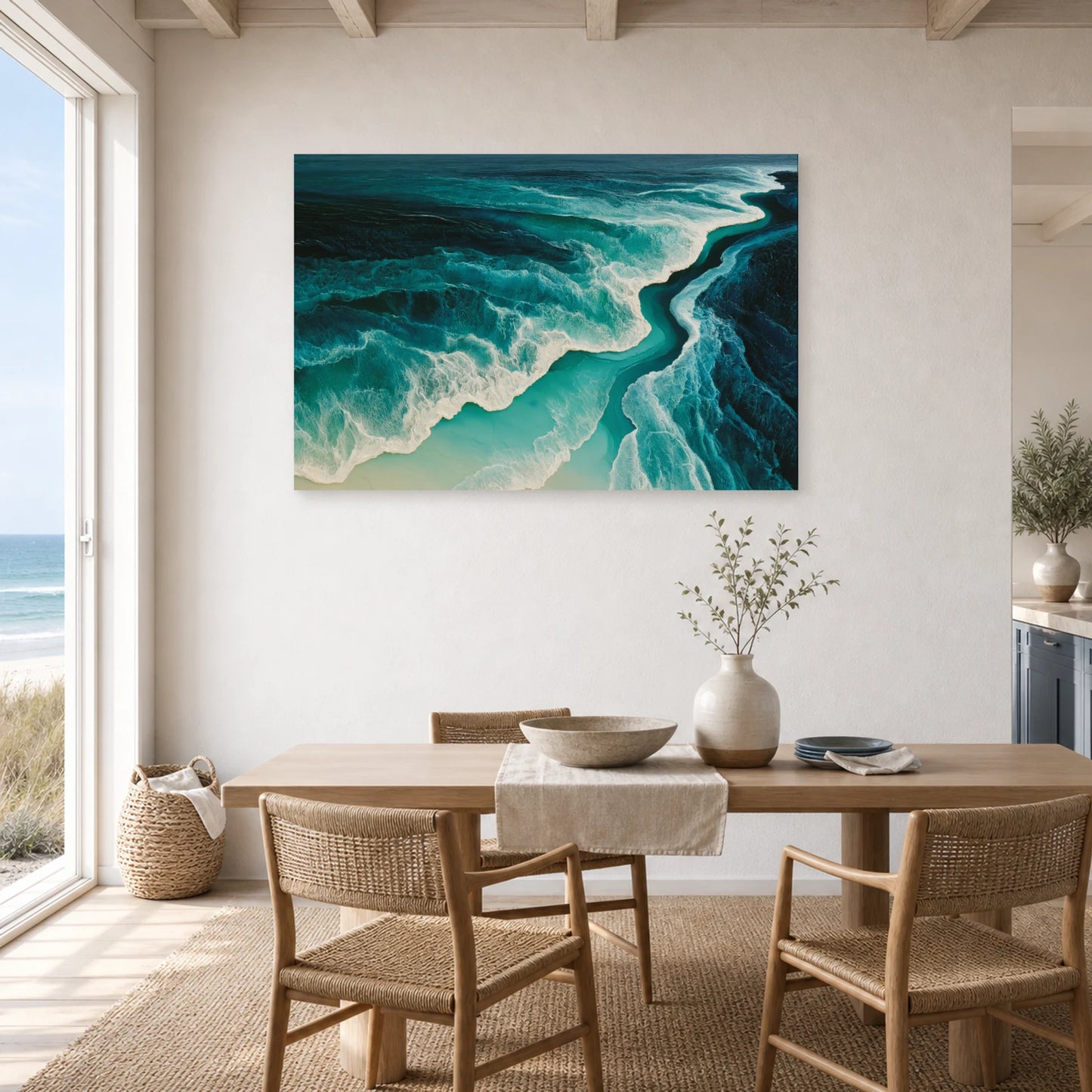 Tableau Mer Abstrait Turquoise Ecume dans une cuisine - Art Virtuoso