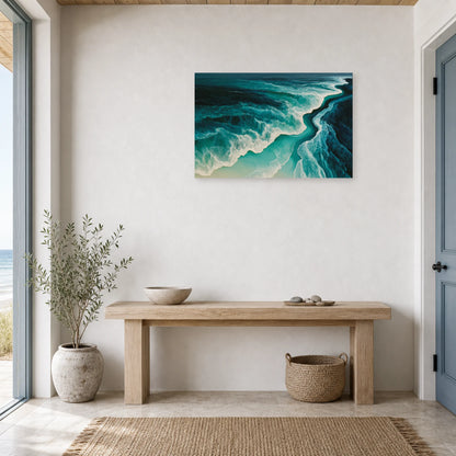 Tableau Mer Abstrait Turquoise Ecume dans une entree ou un couloir - Art Virtuoso