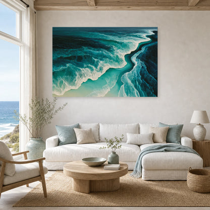 Tableau Mer Abstrait Turquoise Ecume dans un salon - Art Virtuoso