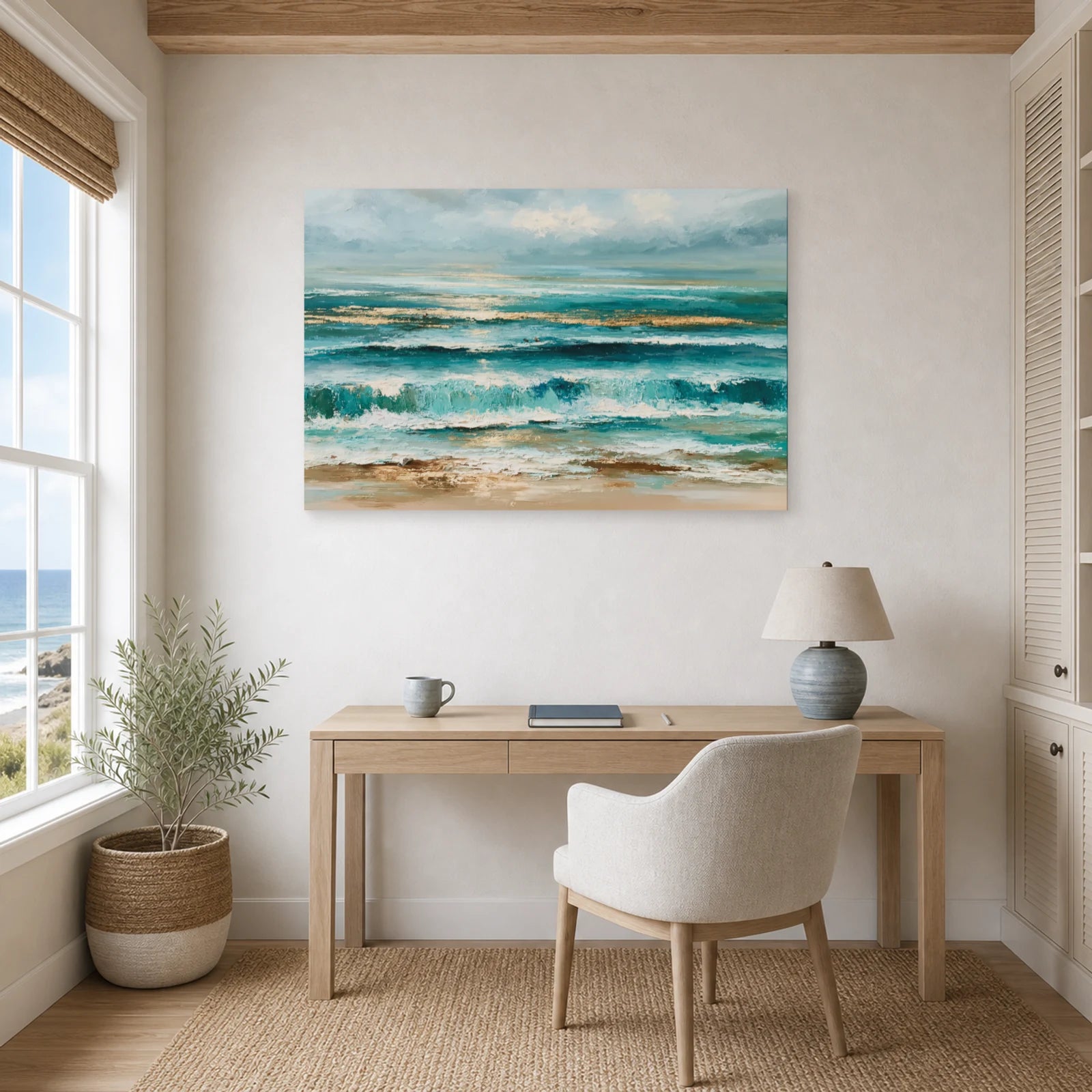 Tableau Mer Abstraite Bleu Sable dans un bureau - Art Virtuoso