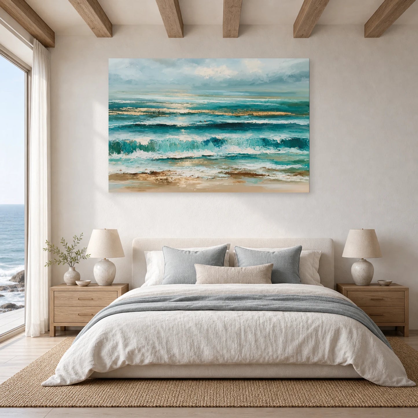 Tableau Mer Abstraite Bleu Sable dans une chambre - Art Virtuoso