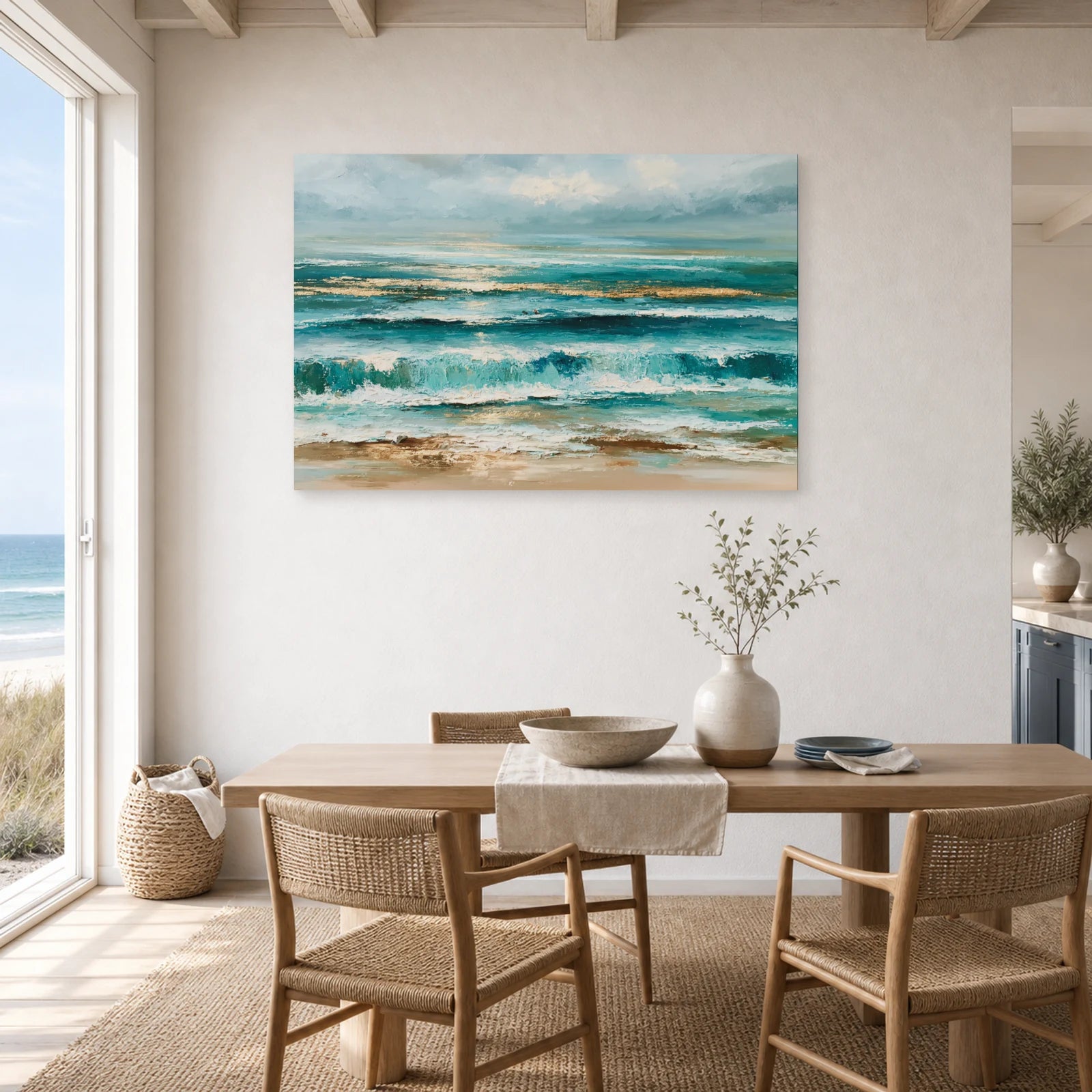 Tableau Mer Abstraite Bleu Sable dans une cuisine - Art Virtuoso