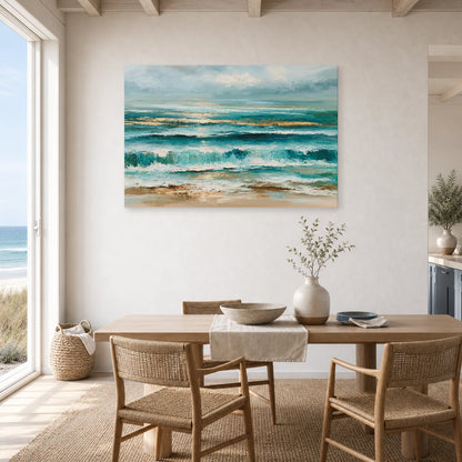 Tableau Mer Abstraite Bleu Sable dans une cuisine - Art Virtuoso