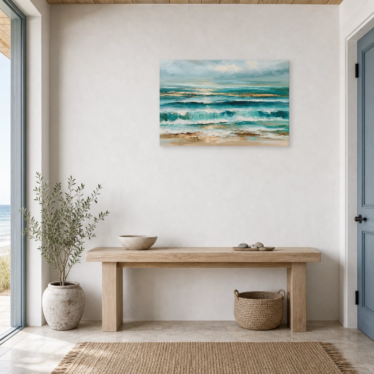 Tableau Mer Abstraite Bleu Sable dans une entree ou un couloir - Art Virtuoso