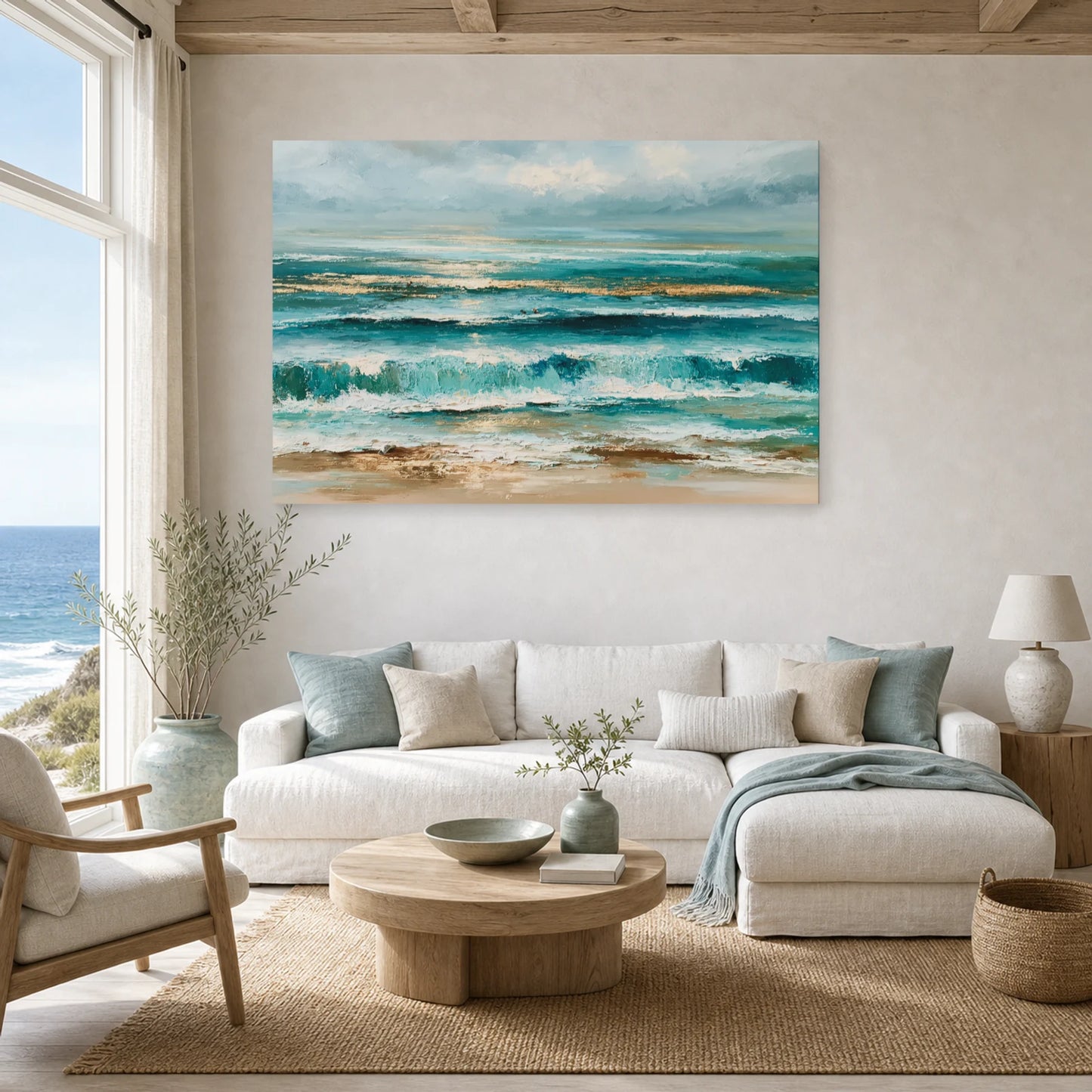 Tableau Mer Abstraite Bleu Sable dans un salon - Art Virtuoso