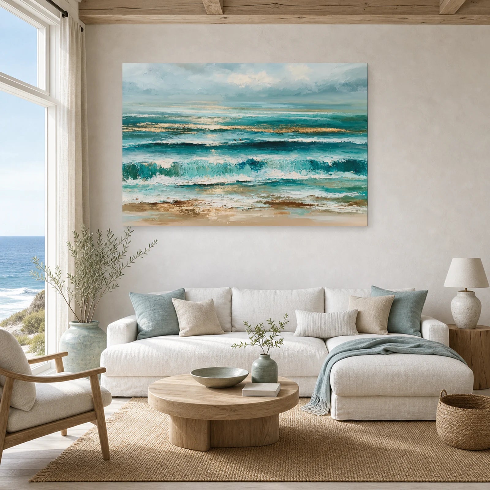 Tableau Mer Abstraite Bleu Sable dans un salon - Art Virtuoso