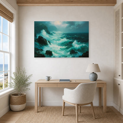Tableau Mer Agitee Rochers Ecume dans un bureau - Art Virtuoso