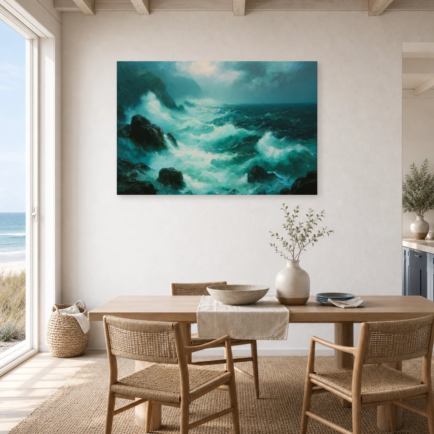 Tableau Mer Agitee Rochers Ecume dans une cuisine - Art Virtuoso