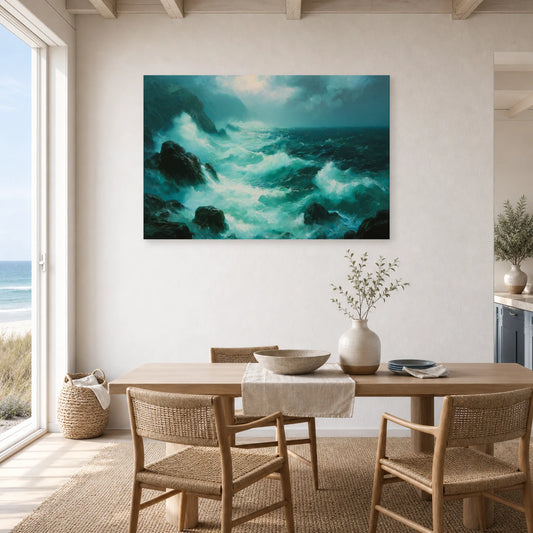 Tableau Mer Agitee Rochers Ecume dans une cuisine - Art Virtuoso