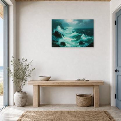 Tableau Mer Agitee Rochers Ecume dans une entree ou un couloir - Art Virtuoso