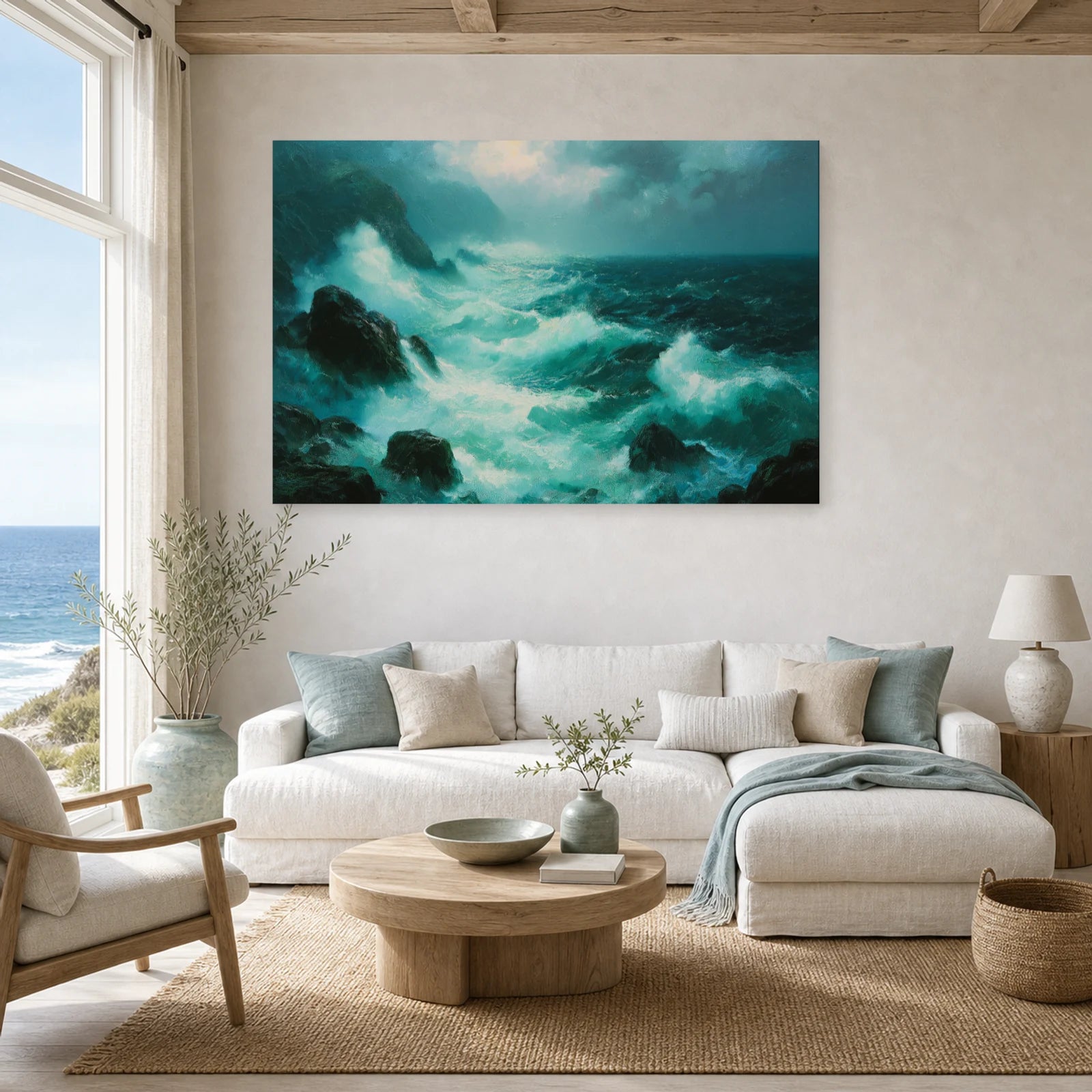 Tableau Mer Agitee Rochers Ecume dans un salon - Art Virtuoso