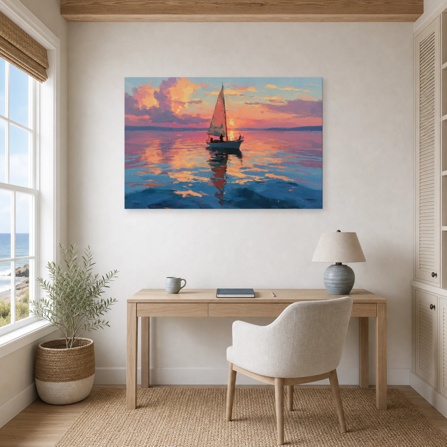 Tableau Mer Bateau Coucher Soleil dans un bureau - Art Virtuoso