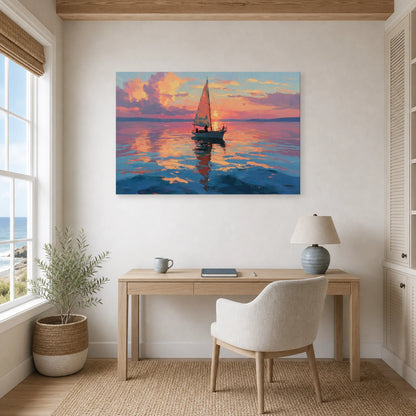 Tableau Mer Bateau Coucher Soleil dans un bureau - Art Virtuoso