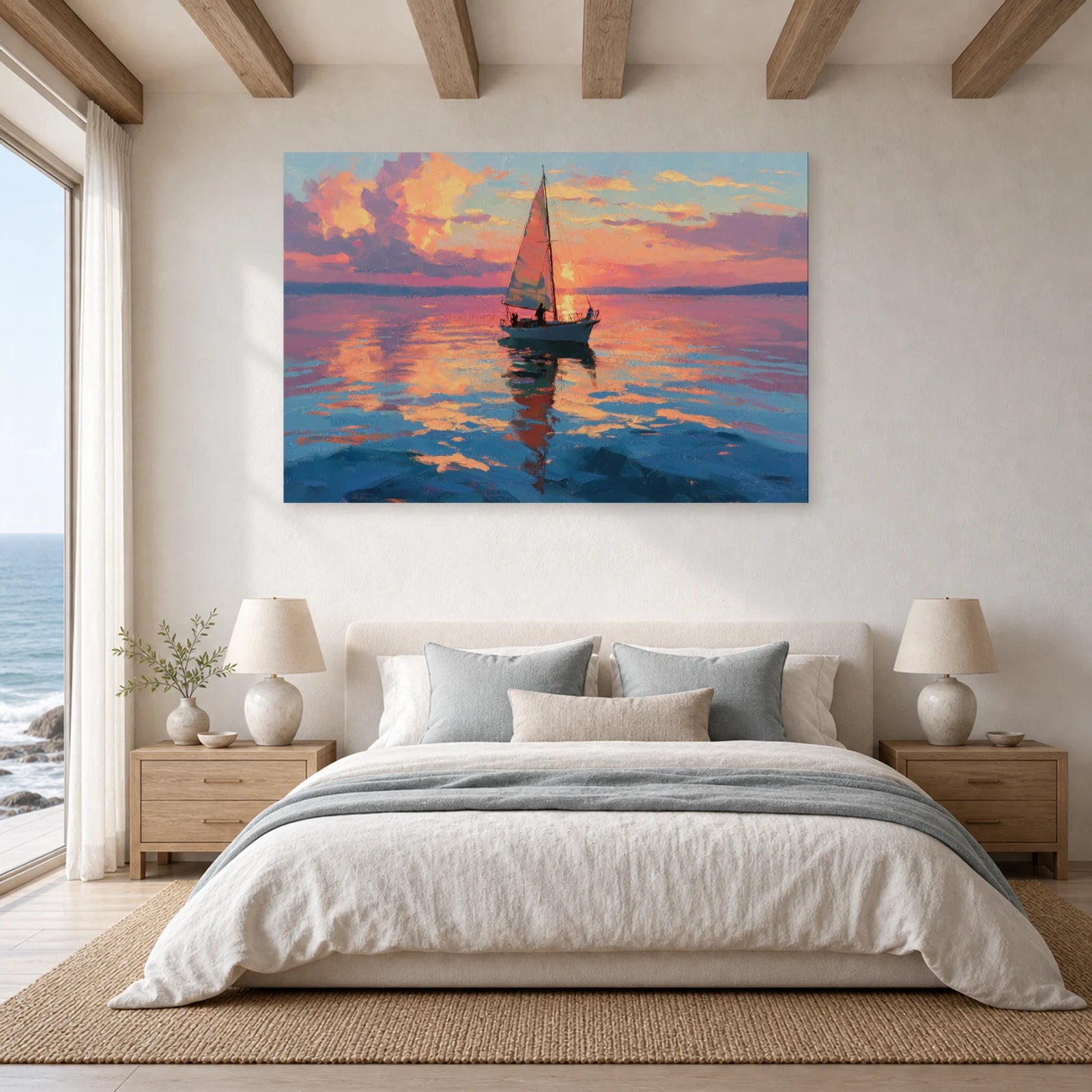 Tableau Mer Bateau Coucher Soleil dans une chambre - Art Virtuoso