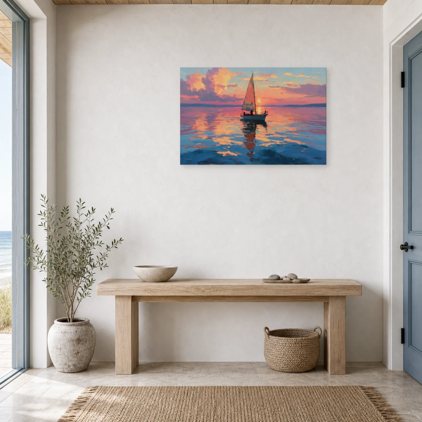 Tableau Mer Bateau Coucher Soleil dans une entree ou un couloir - Art Virtuoso