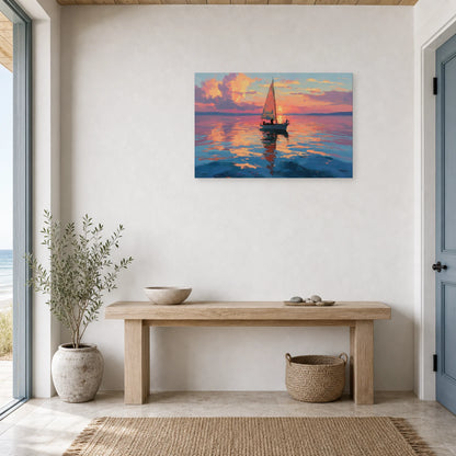 Tableau Mer Bateau Coucher Soleil dans une entree ou un couloir - Art Virtuoso