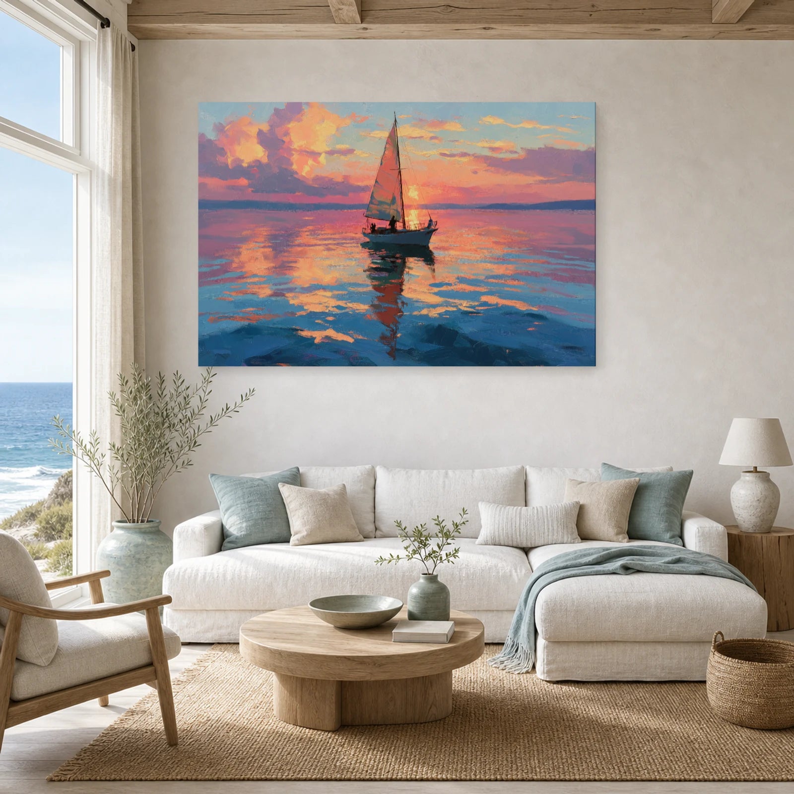 Tableau Mer Bateau Coucher Soleil dans un salon - Art Virtuoso