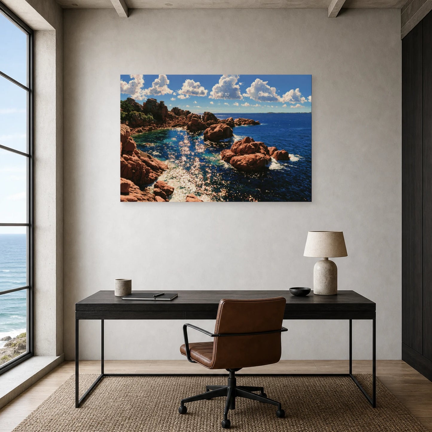 Tableau Mer Bretagne Granit Rose dans un bureau - Art Virtuoso