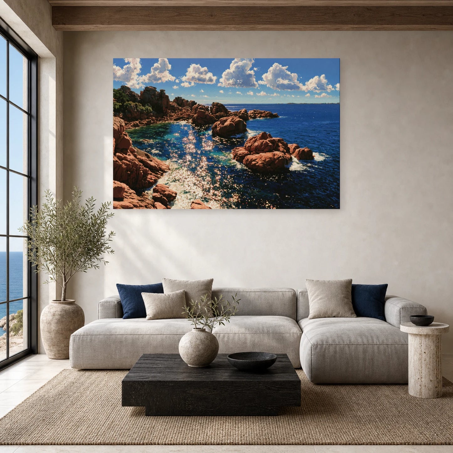 Tableau Mer Bretagne Granit Rose dans un salon - Art Virtuoso