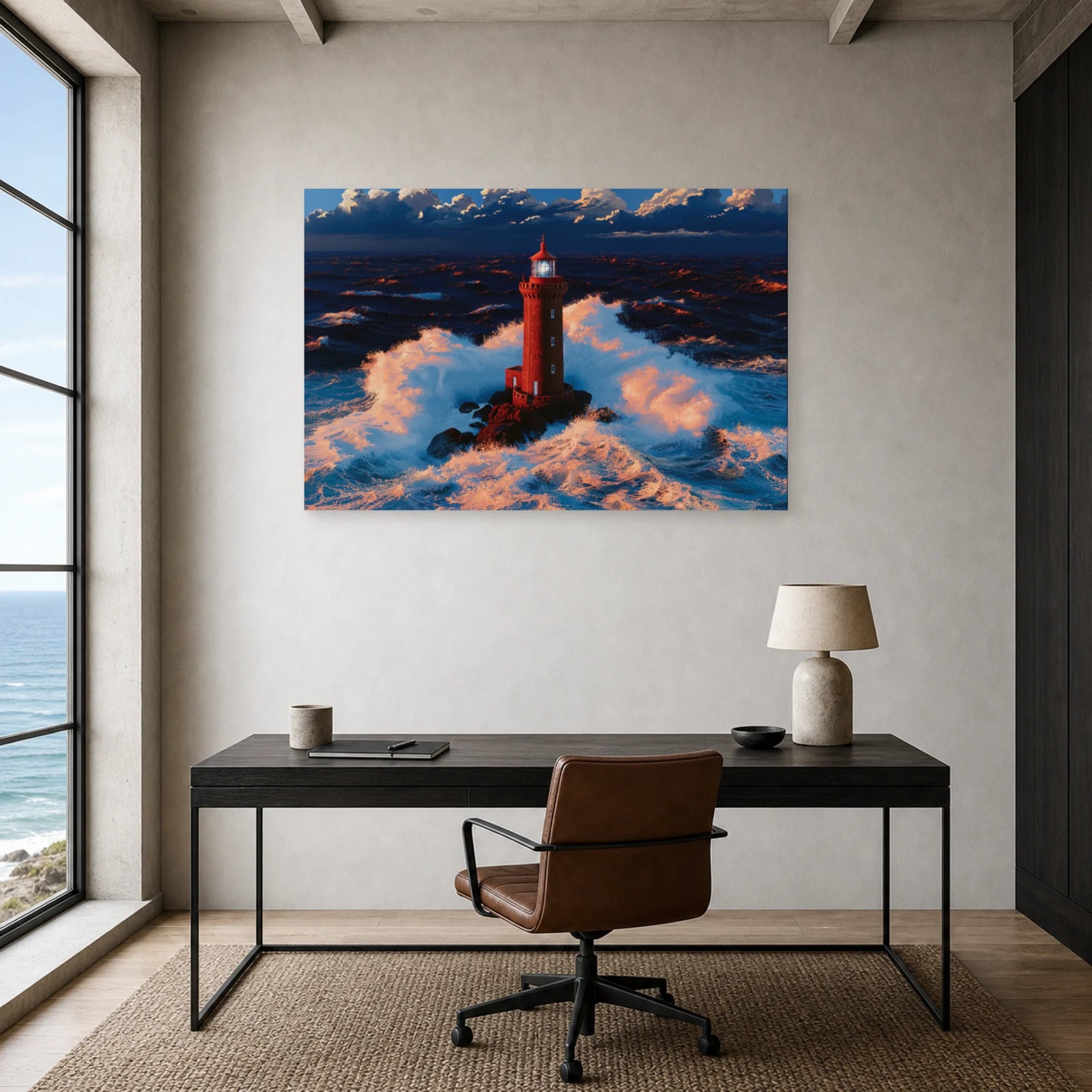 Tableau Mer Bretagne Phare Tempete dans un bureau - Art Virtuoso