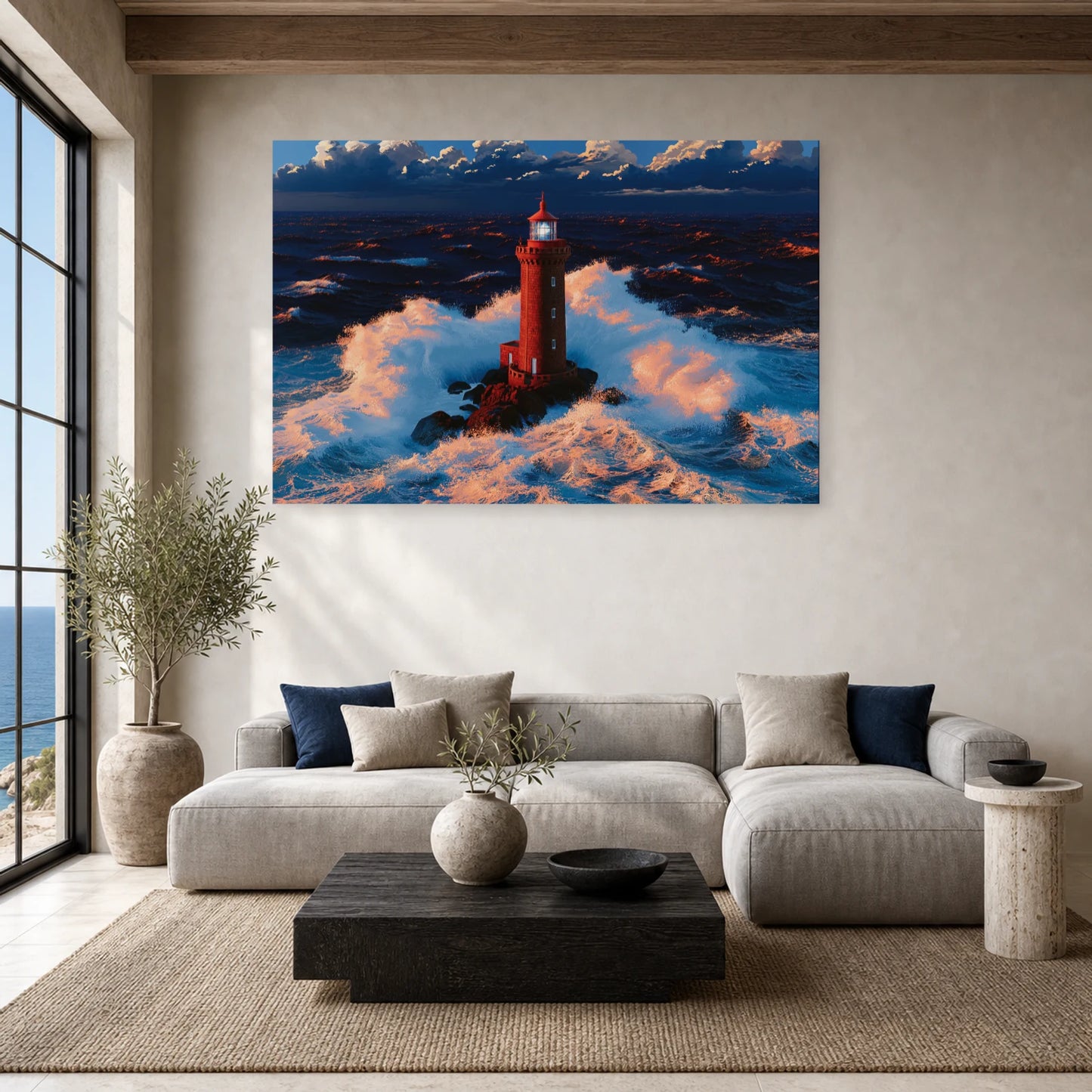 Tableau Mer Bretagne Phare Tempete dans un salon - Art Virtuoso