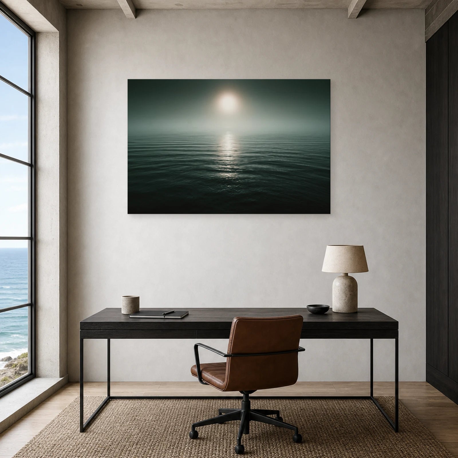 Tableau Mer Calme Horizon Brumeux dans un bureau - Art Virtuoso