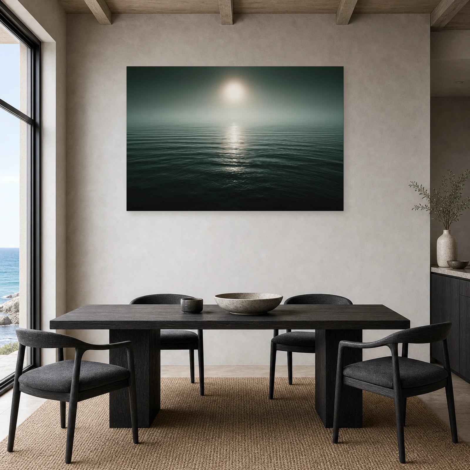 Tableau Mer Calme Horizon Brumeux dans une cuisine - Art Virtuoso