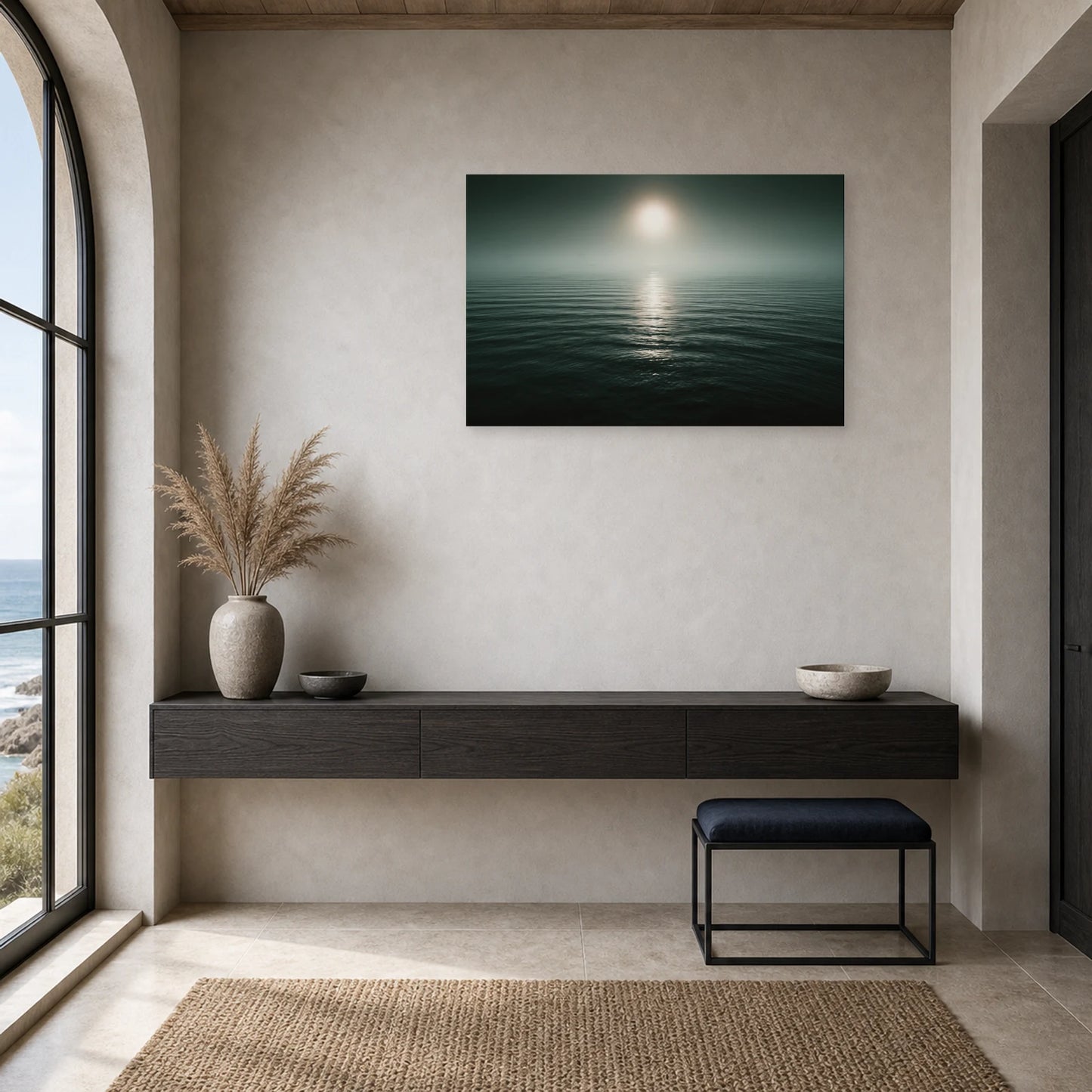 Tableau Mer Calme Horizon Brumeux dans une entree ou un couloir - Art Virtuoso