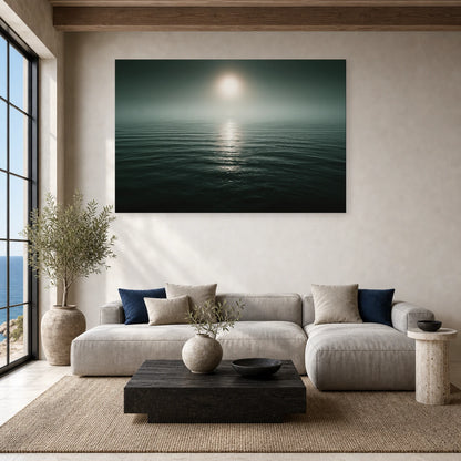 Tableau Mer Calme Horizon Brumeux dans un salon - Art Virtuoso